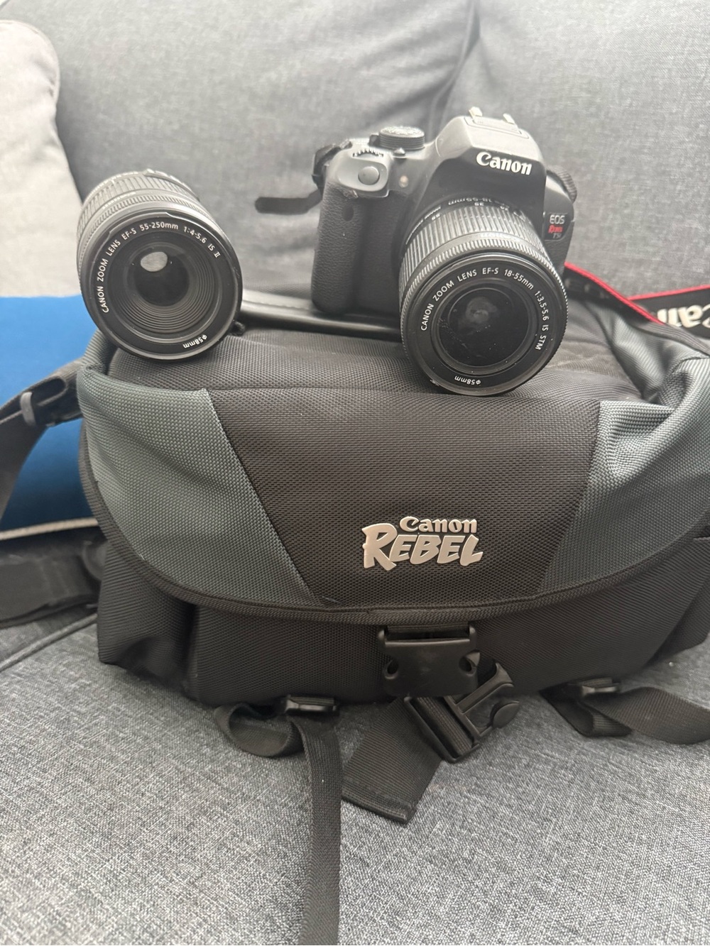 Canon Black DSLR with Two Interchangeable Lenses and Canon Rebel Bag